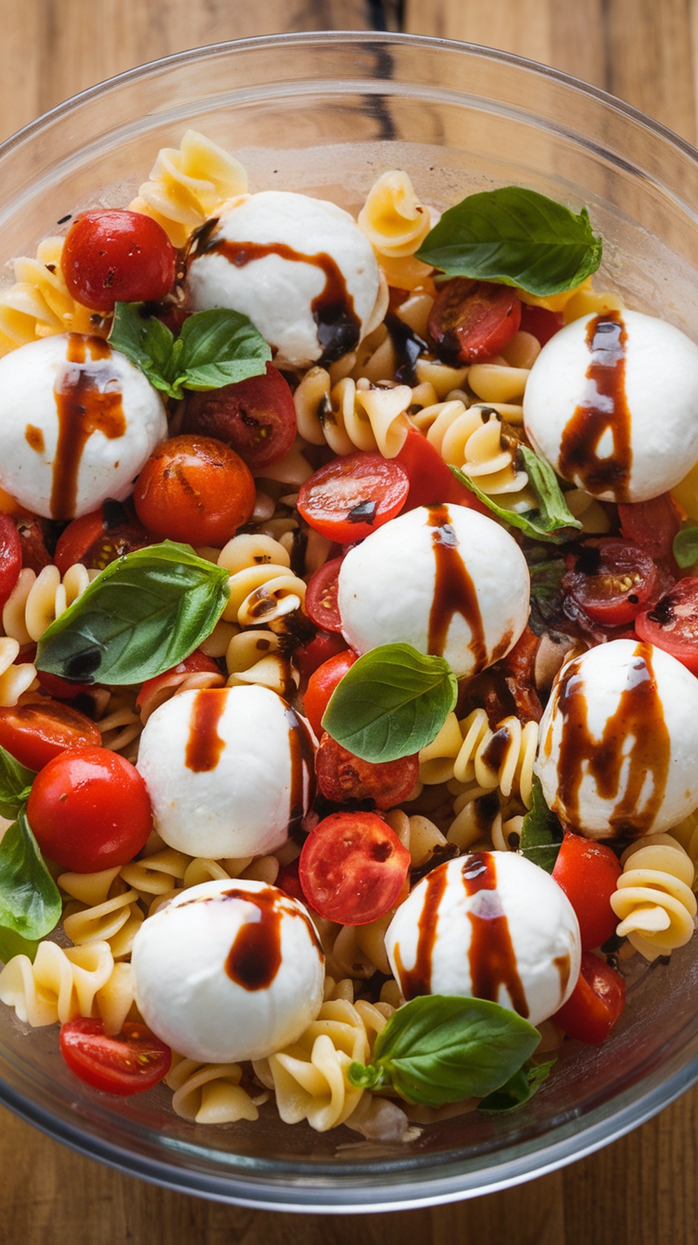 A bowl of Caprese pasta salad with mozzarella balls, cherry tomatoes, and fresh basil.