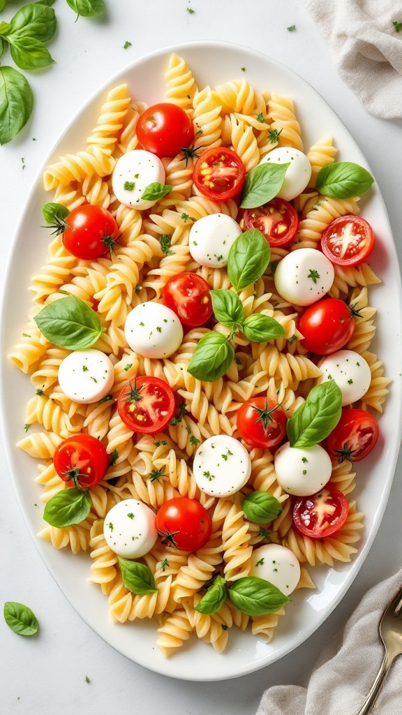 A colorful Caprese pasta salad featuring rotini pasta, cherry tomatoes, mozzarella balls, and fresh basil.