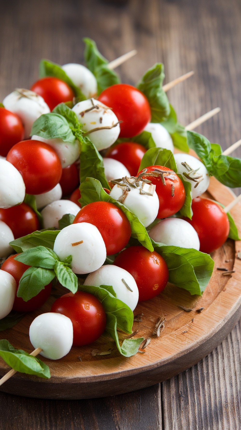 Caprese salad skewers with tomatoes, mozzarella, and basil on wooden skewers.