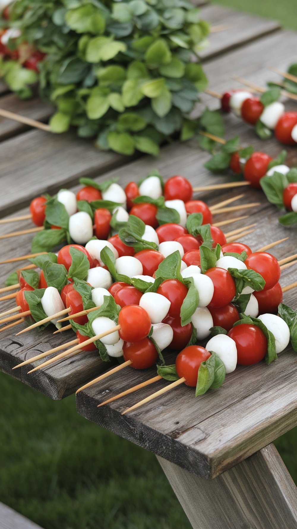 A wooden table displaying colorful Caprese salad skewers made with cherry tomatoes, mozzarella, and basil.