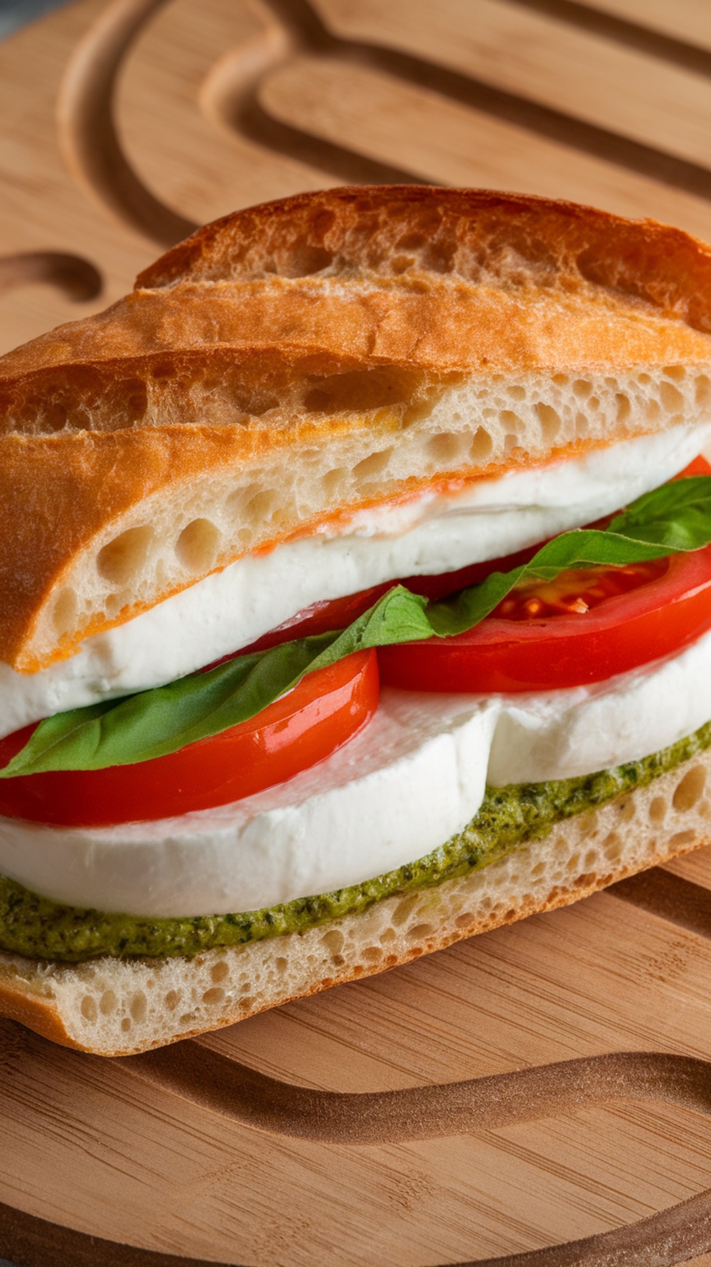 A delicious Caprese sandwich with mozzarella, tomato, basil, and pesto on ciabatta bread.