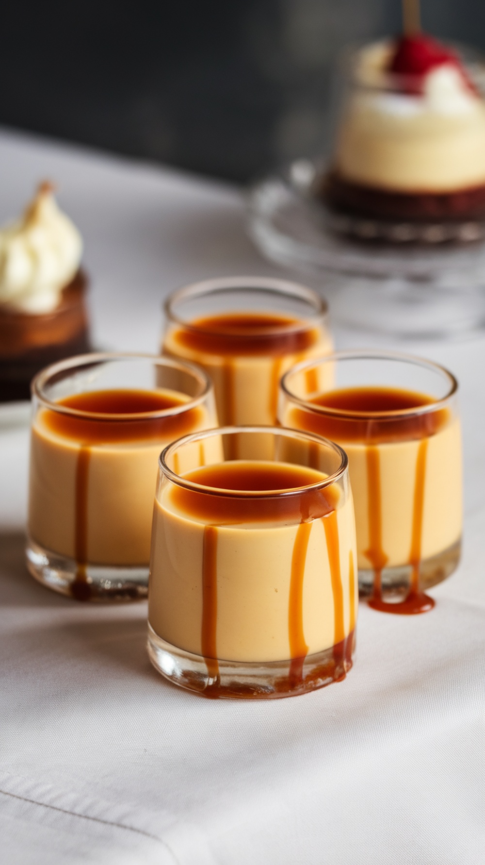 Mini caramel flan dessert cups on a table.