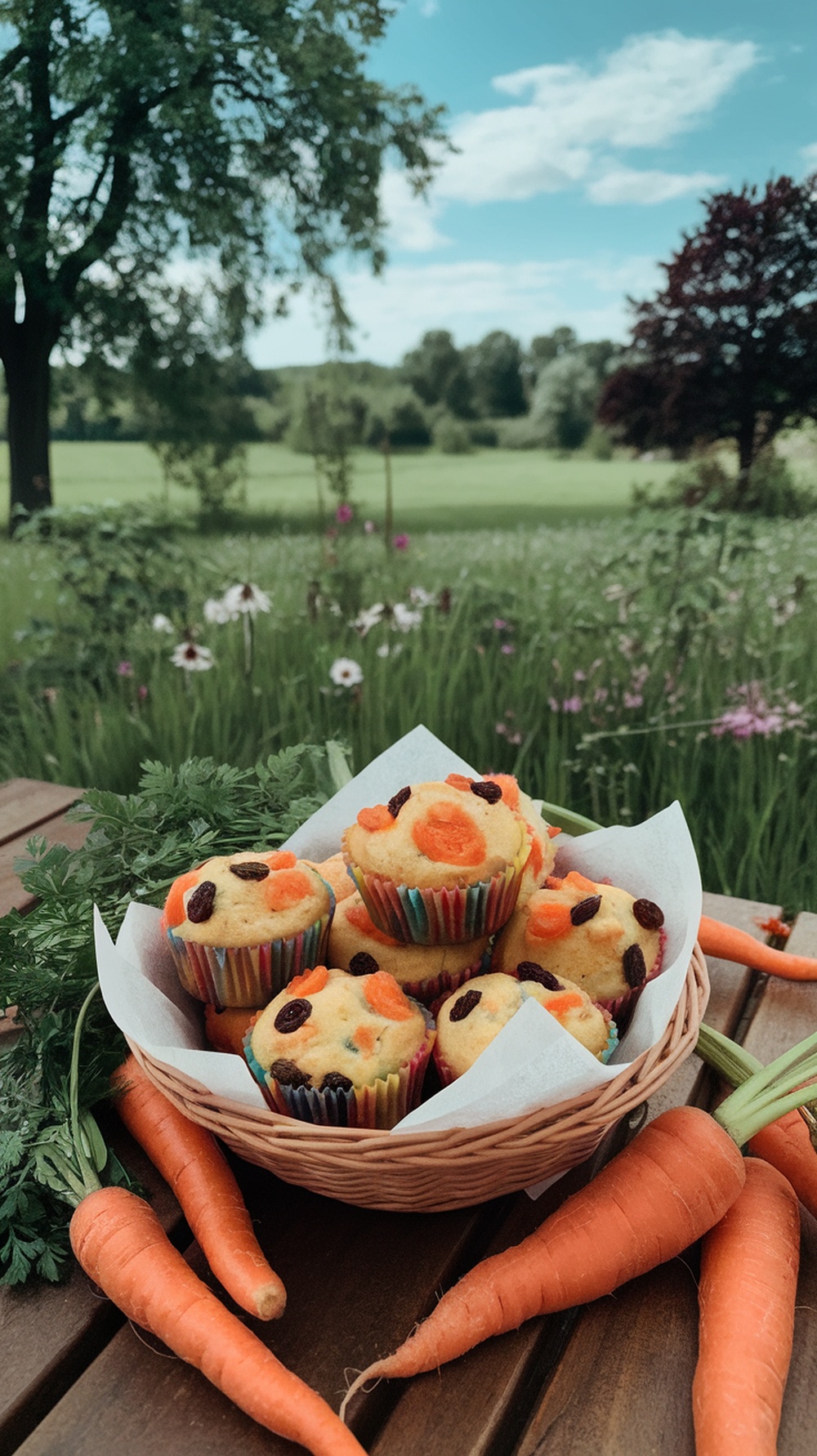 A basket of carrot raisin mini muffins with fresh carrots beside them, set in a green outdoor setting.