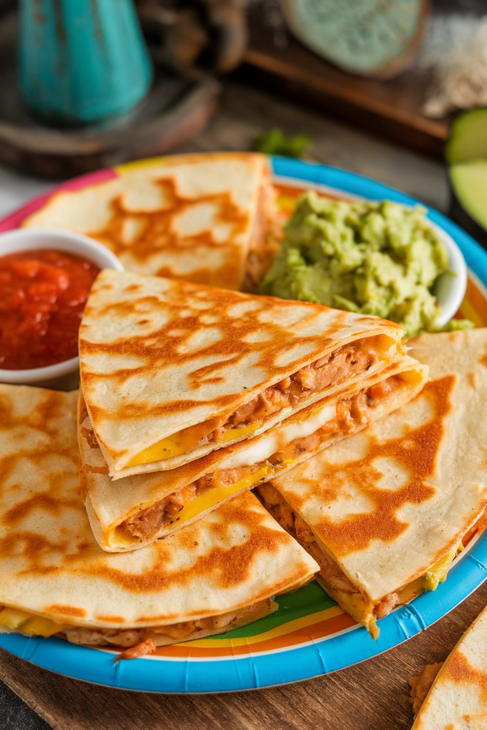 Plate of cheesy chicken quesadillas served with guacamole and salsa