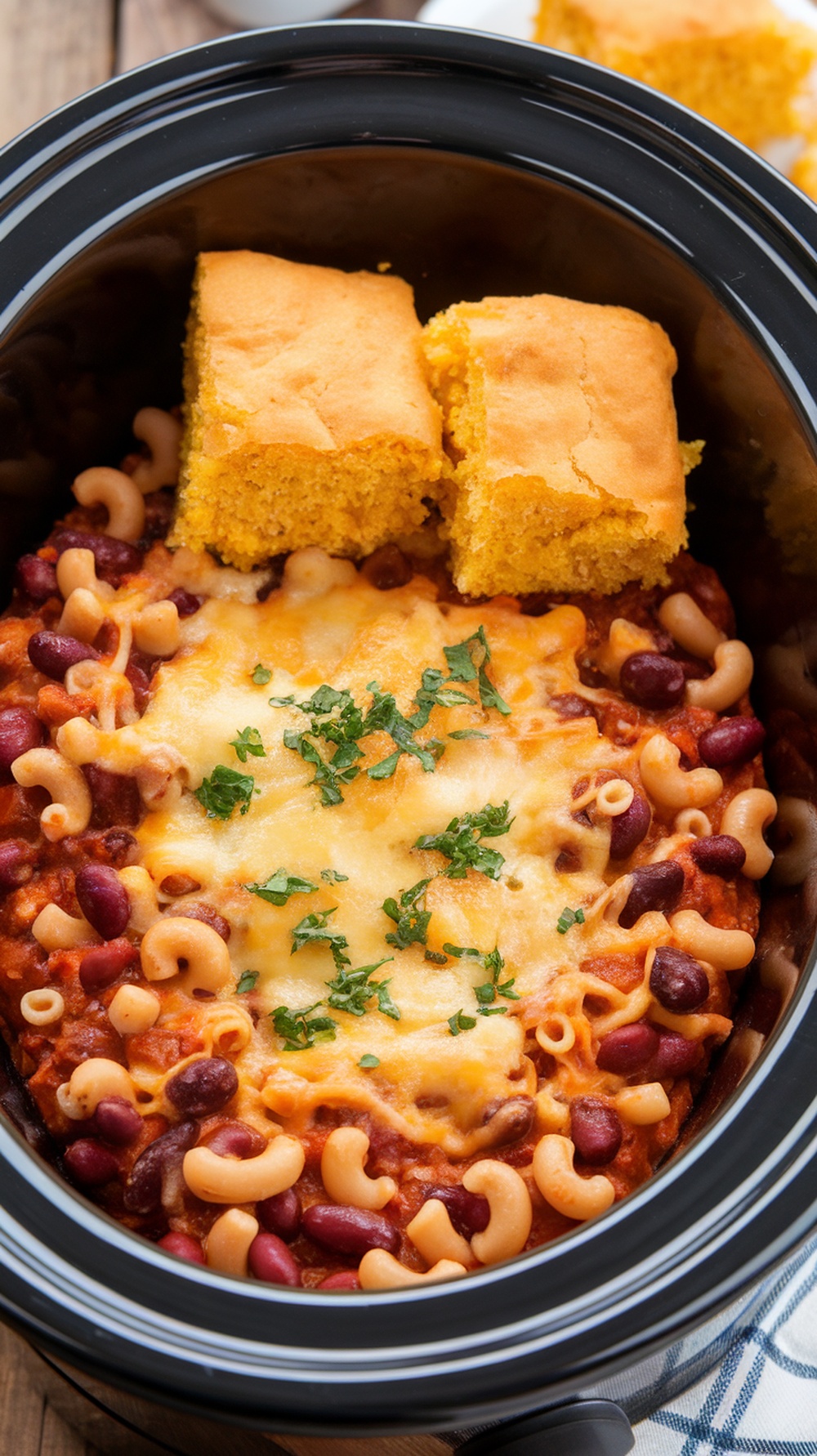 Crockpot Chili Mac Casserole with cornbread on the side