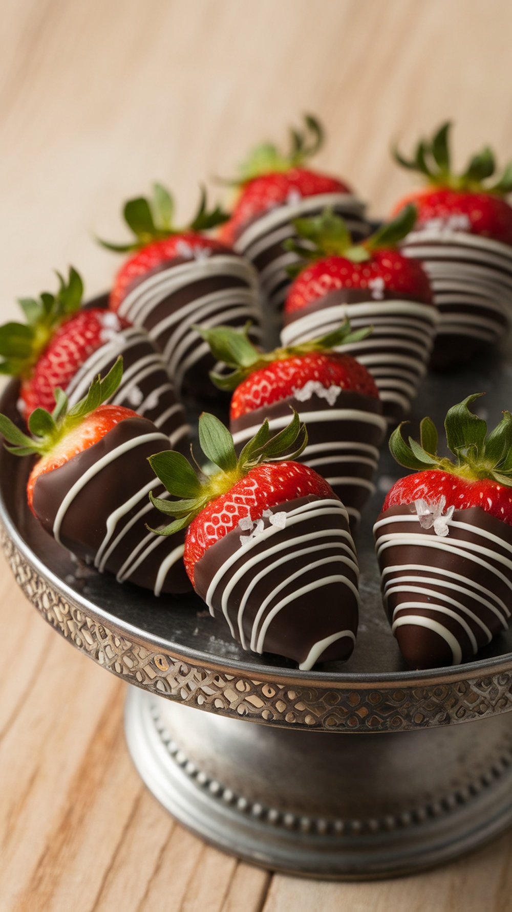 A plate of chocolate-dipped strawberries with white chocolate drizzle