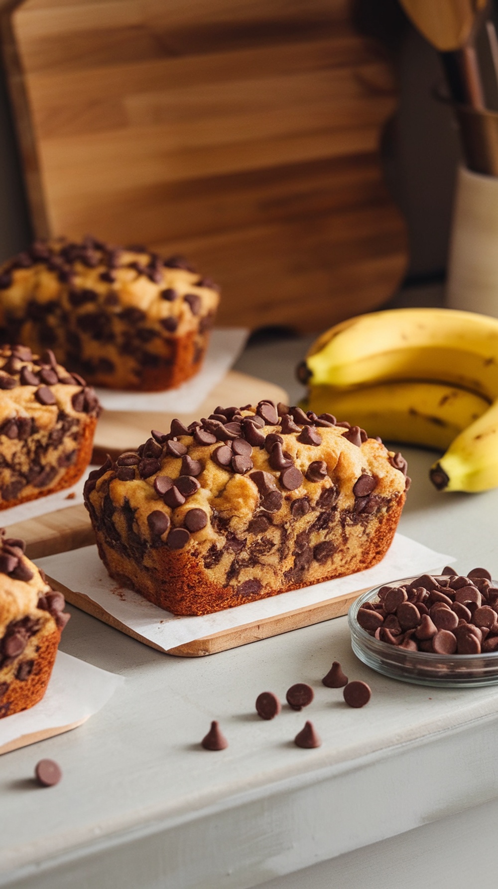 Three chocolate chip banana mini loaves with chocolate chips on top, next to bananas and chocolate chips