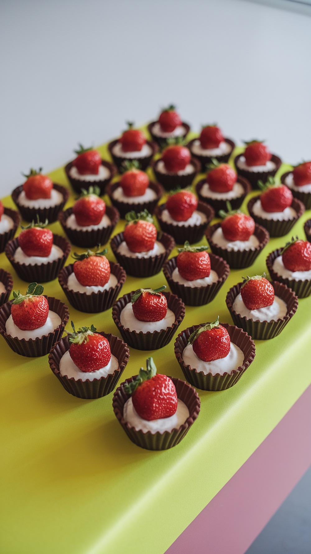 Mini dessert cups filled with cream and topped with fresh strawberries, arranged on a colorful table.