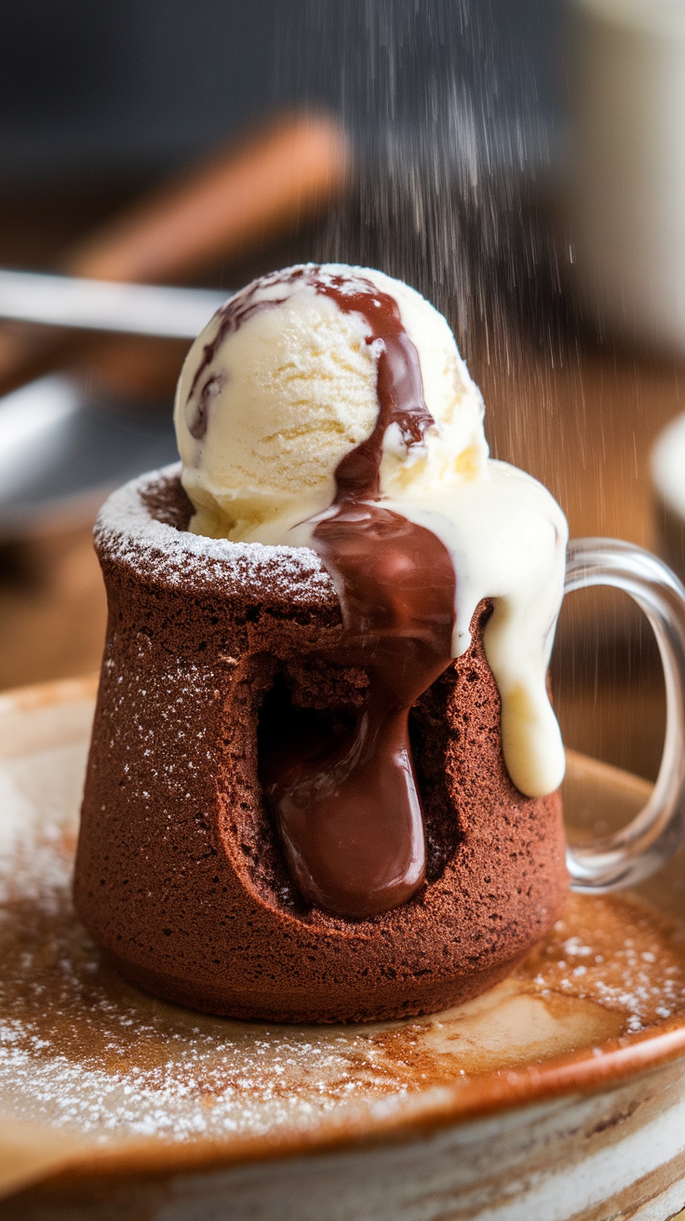Chocolate lava mug cake topped with vanilla ice cream and dusted with powdered sugar