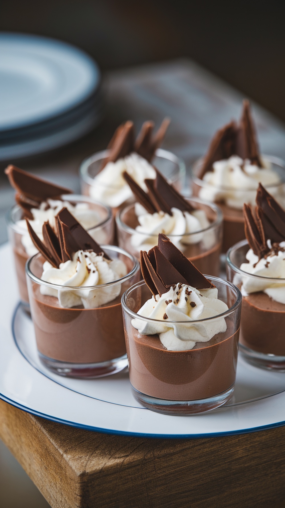 Delicious chocolate mousse cups topped with whipped cream and chocolate shavings.
