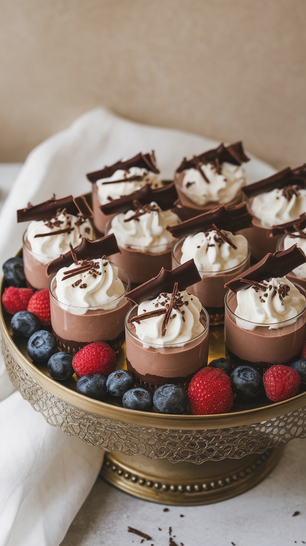 Mini dessert cups filled with chocolate mousse, topped with whipped cream, and garnished with chocolate shavings and fresh berries.