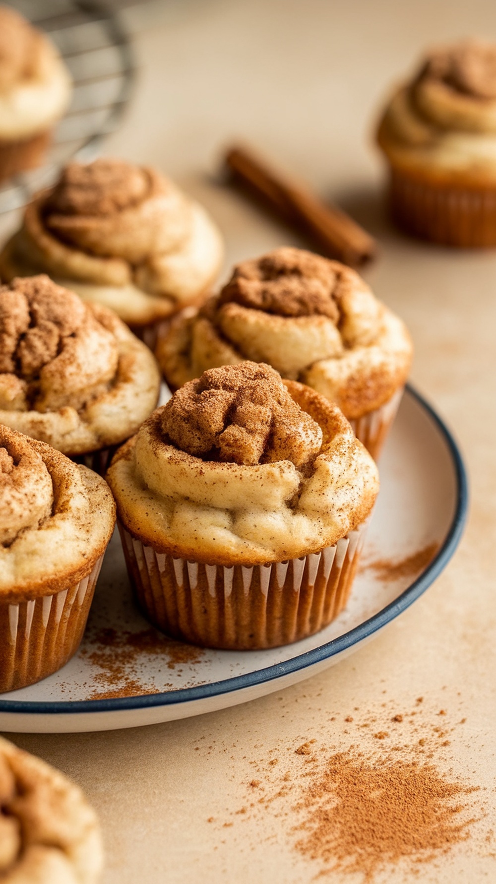 A close-up of cinnamon sugar mini muffins, topped with a sprinkle of cinnamon, on a plate with a light background.