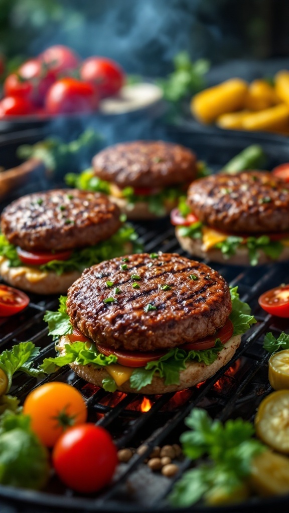 Grilled beef burgers with fresh toppings on a barbecue grill.