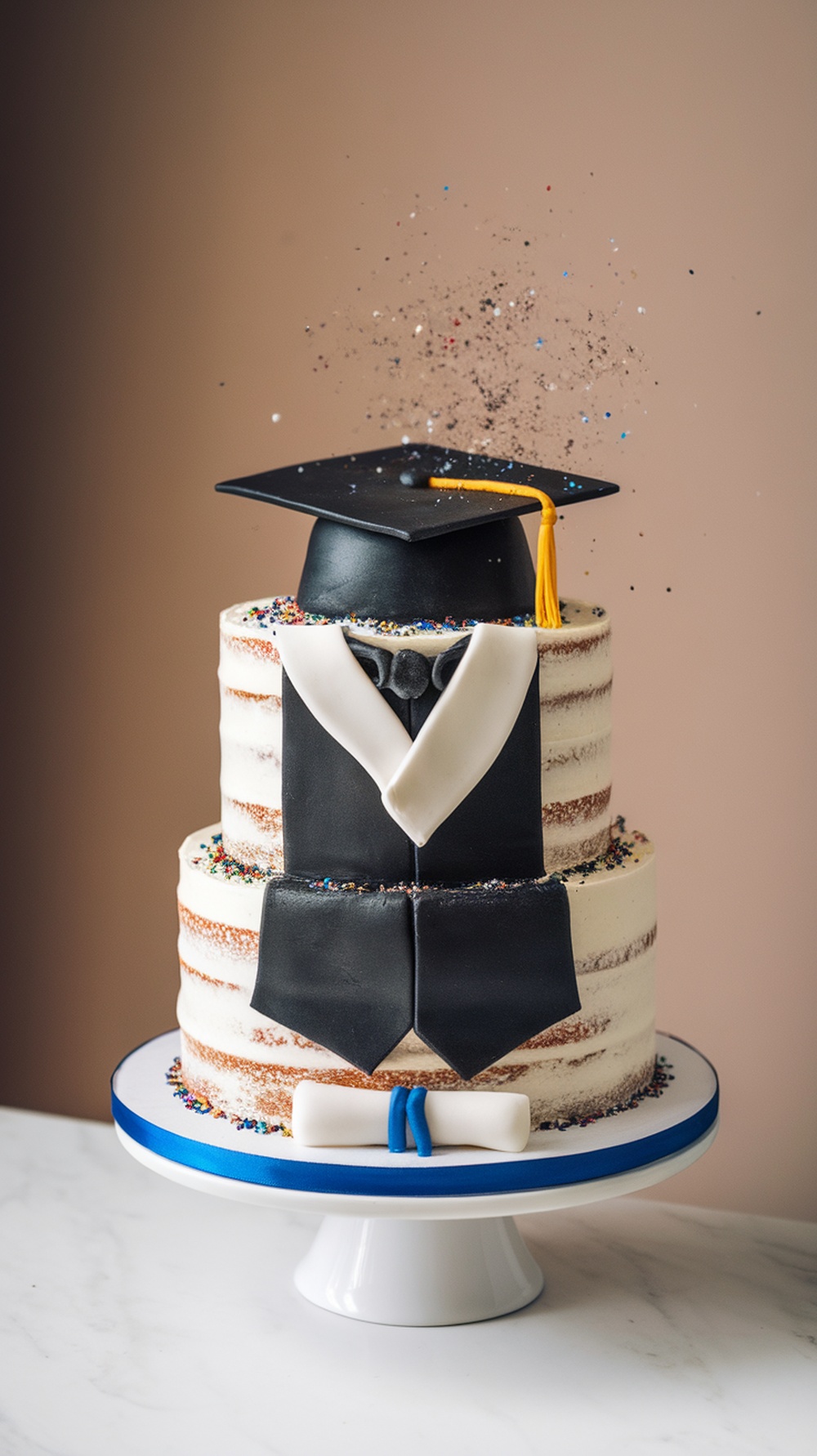 A graduation cake designed to look like a cap and gown, featuring tiers with a black gown and graduation cap on top.
