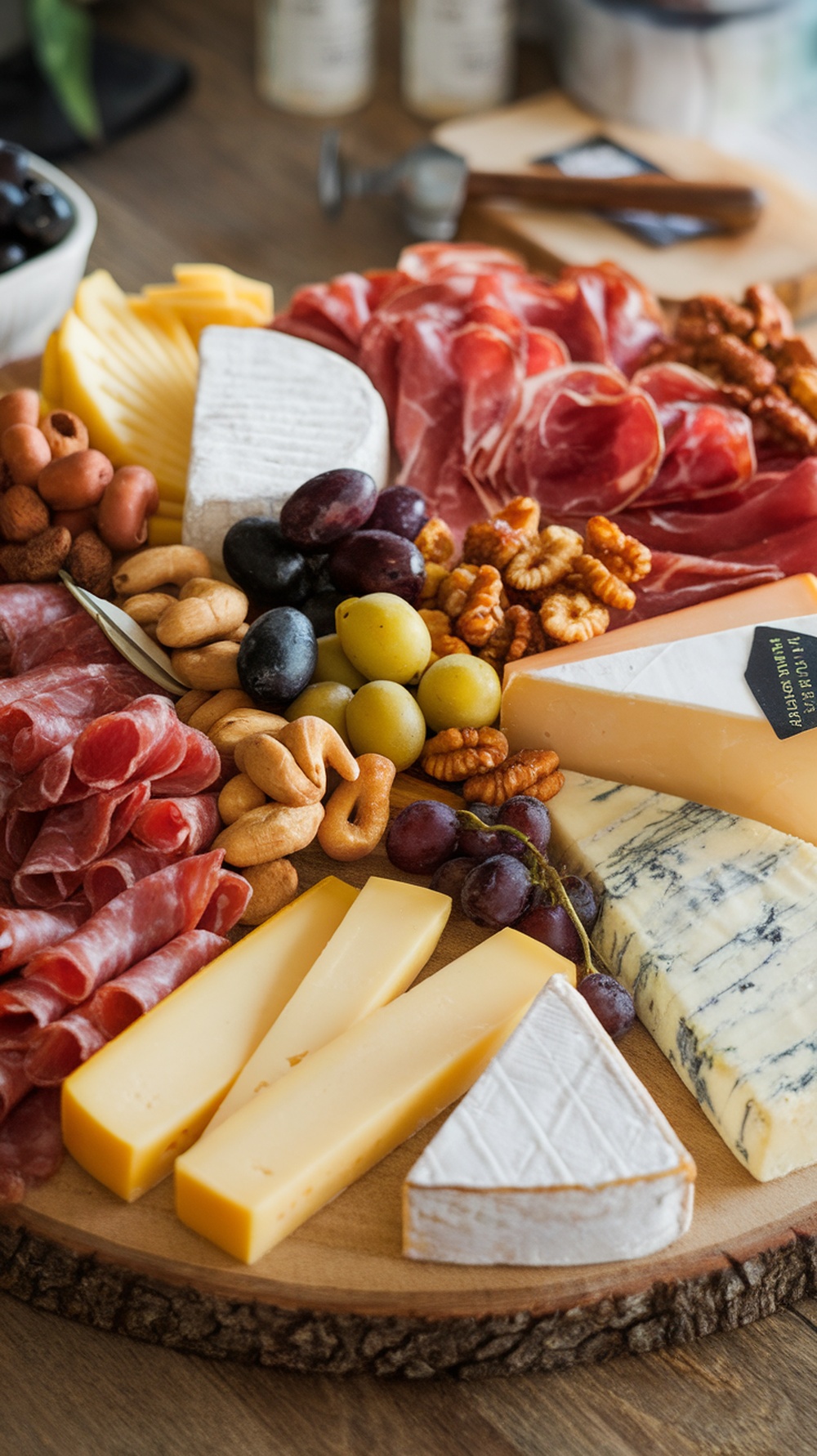A cheese and charcuterie board featuring various cheeses, meats, nuts, and grapes.