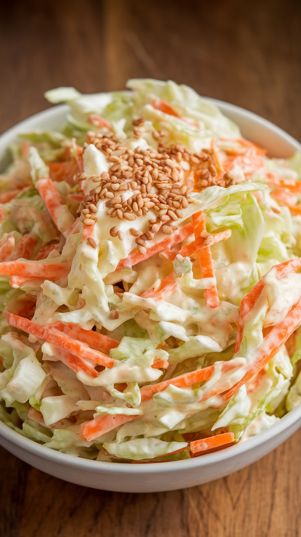A bowl of classic coleslaw with shredded cabbage, carrots, and a sprinkle of sesame seeds.
