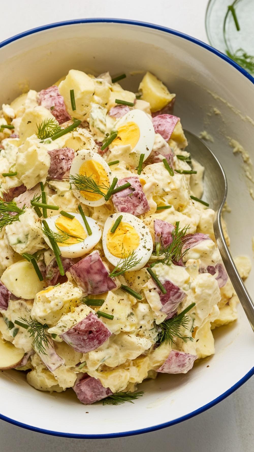 A bowl of classic potato salad with herbs, featuring red potatoes, chopped eggs, and fresh herbs