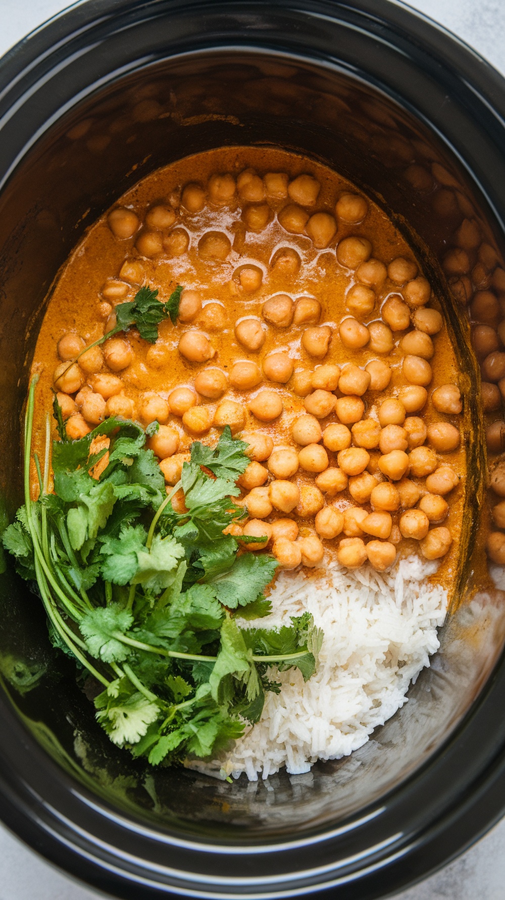 A crockpot filled with coconut curry chickpeas, white rice, and fresh cilantro.