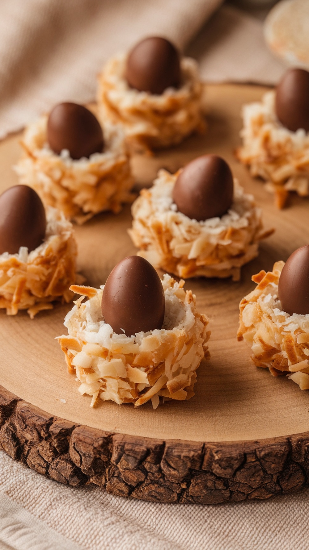 Coconut Macaroon Nests with chocolate eggs on a wooden platter.