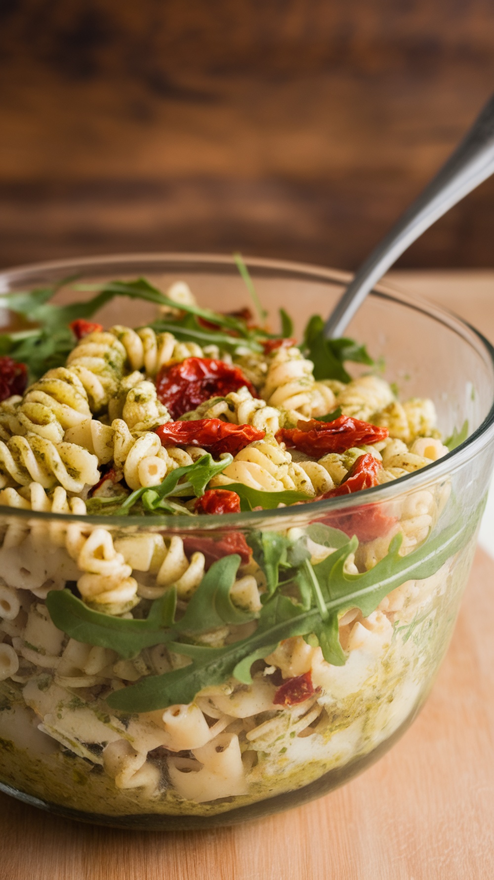 Cold pasta salad with pesto and sun-dried tomatoes in a glass bowl.