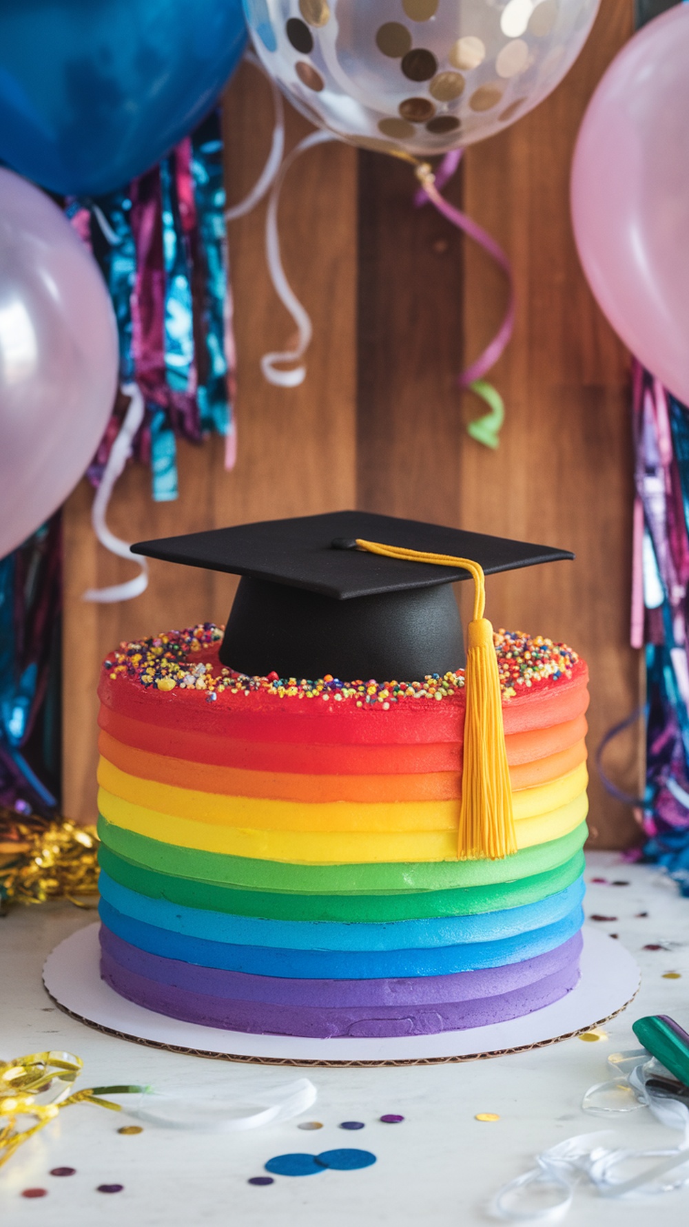 Colorful rainbow graduation cake with a black graduation cap and sprinkles, surrounded by balloons and party decorations.