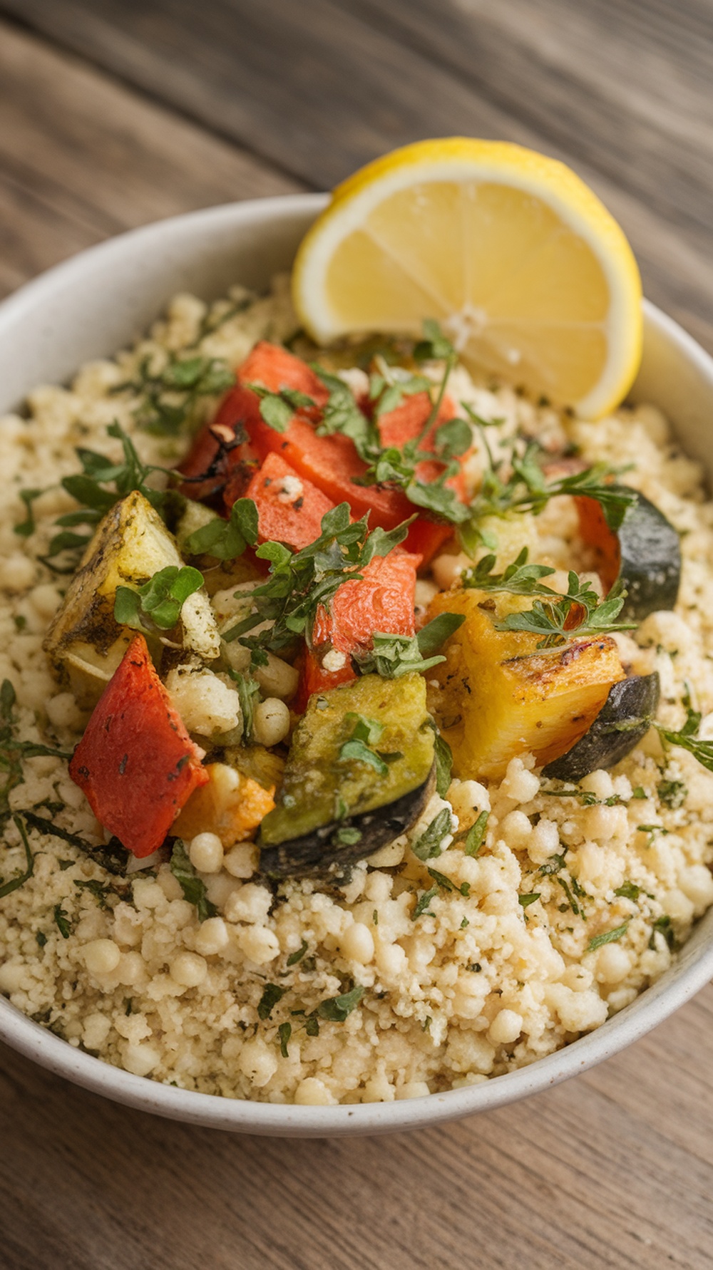 A delicious bowl of couscous topped with roasted vegetables and garnished with lemon.