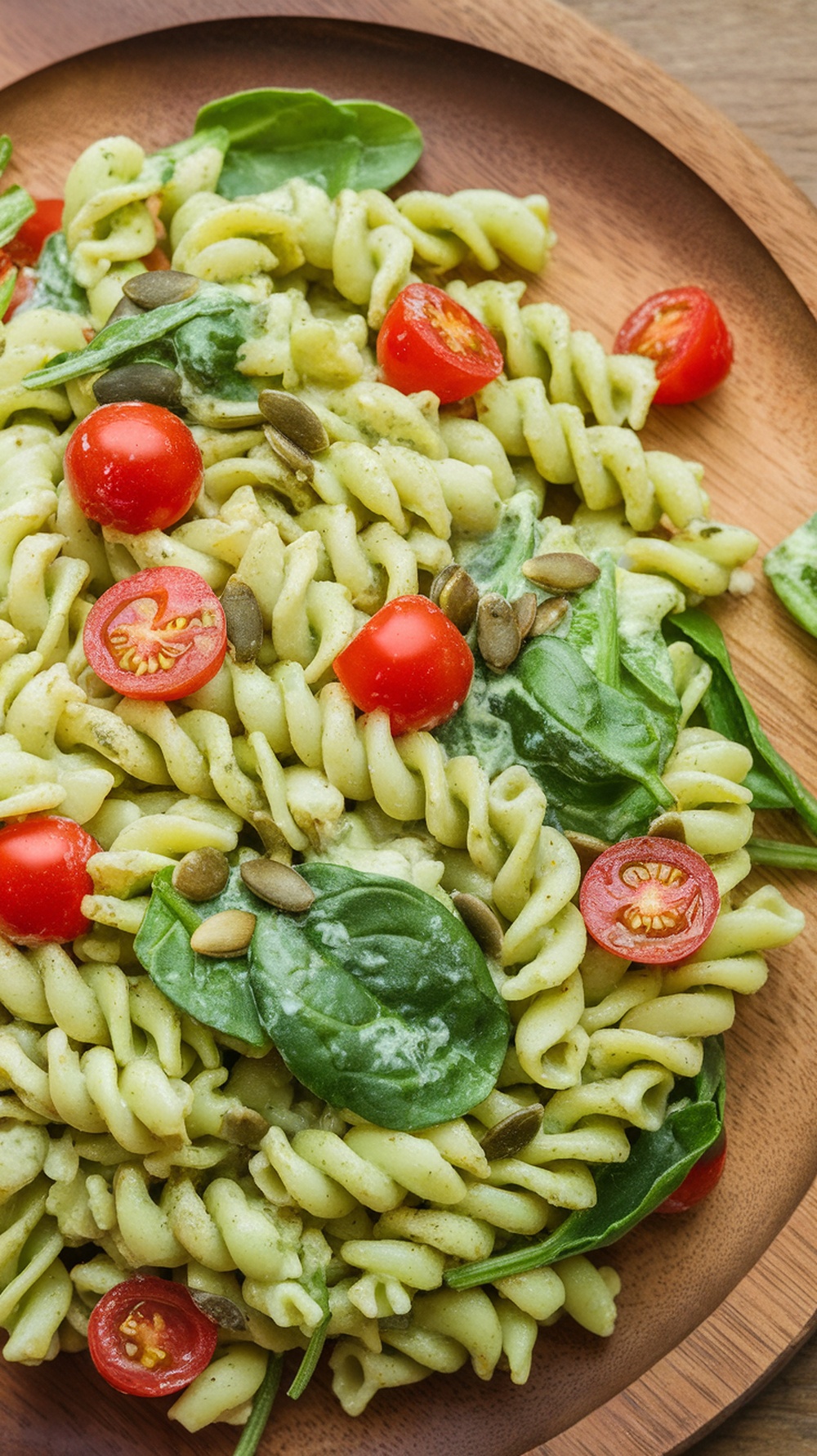 A plate of creamy avocado and spinach pasta salad with rotini pasta, spinach, cherry tomatoes, and pumpkin seeds.