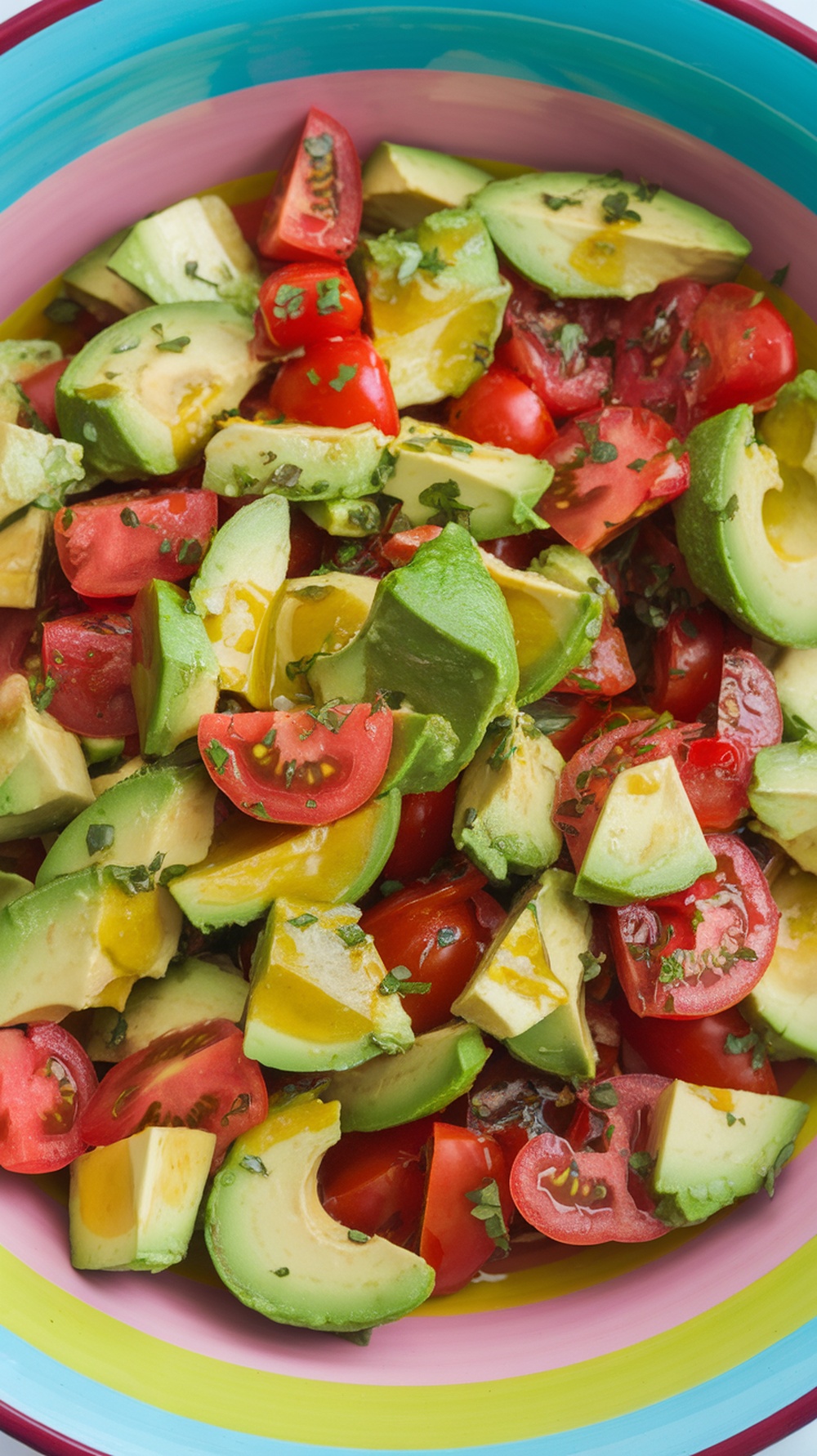 A colorful bowl of creamy avocado and tomato salad with chunks of avocado and ripe tomatoes, garnished with herbs.