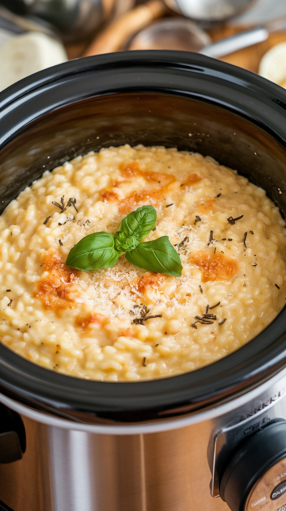 Creamy garlic parmesan risotto in a crockpot, garnished with fresh basil.