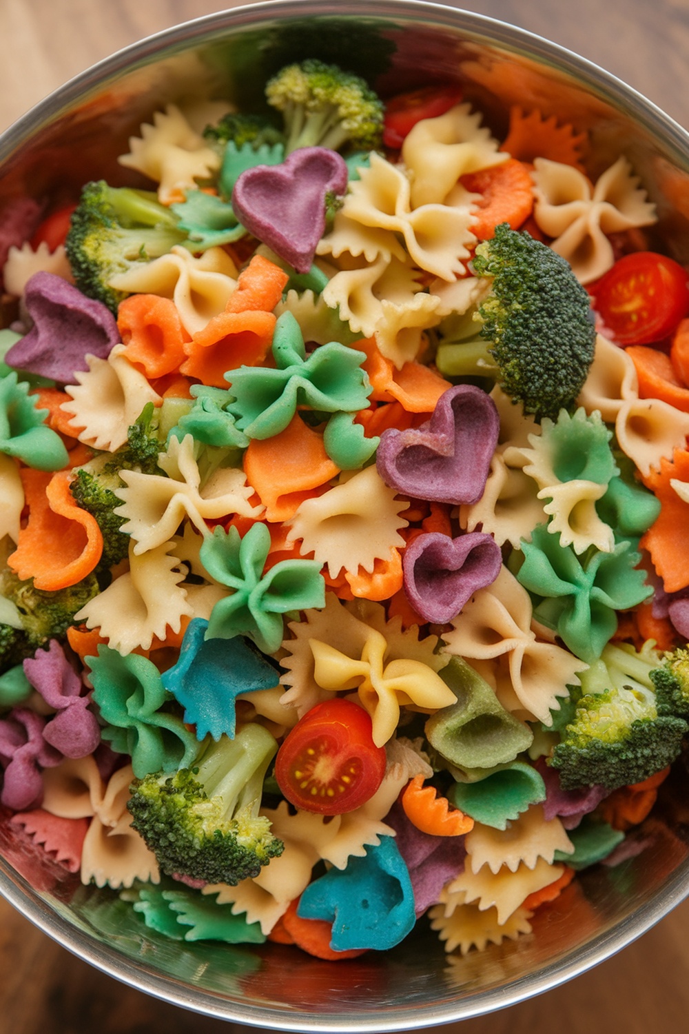 A bowl filled with colorful pasta shapes and fresh vegetables.