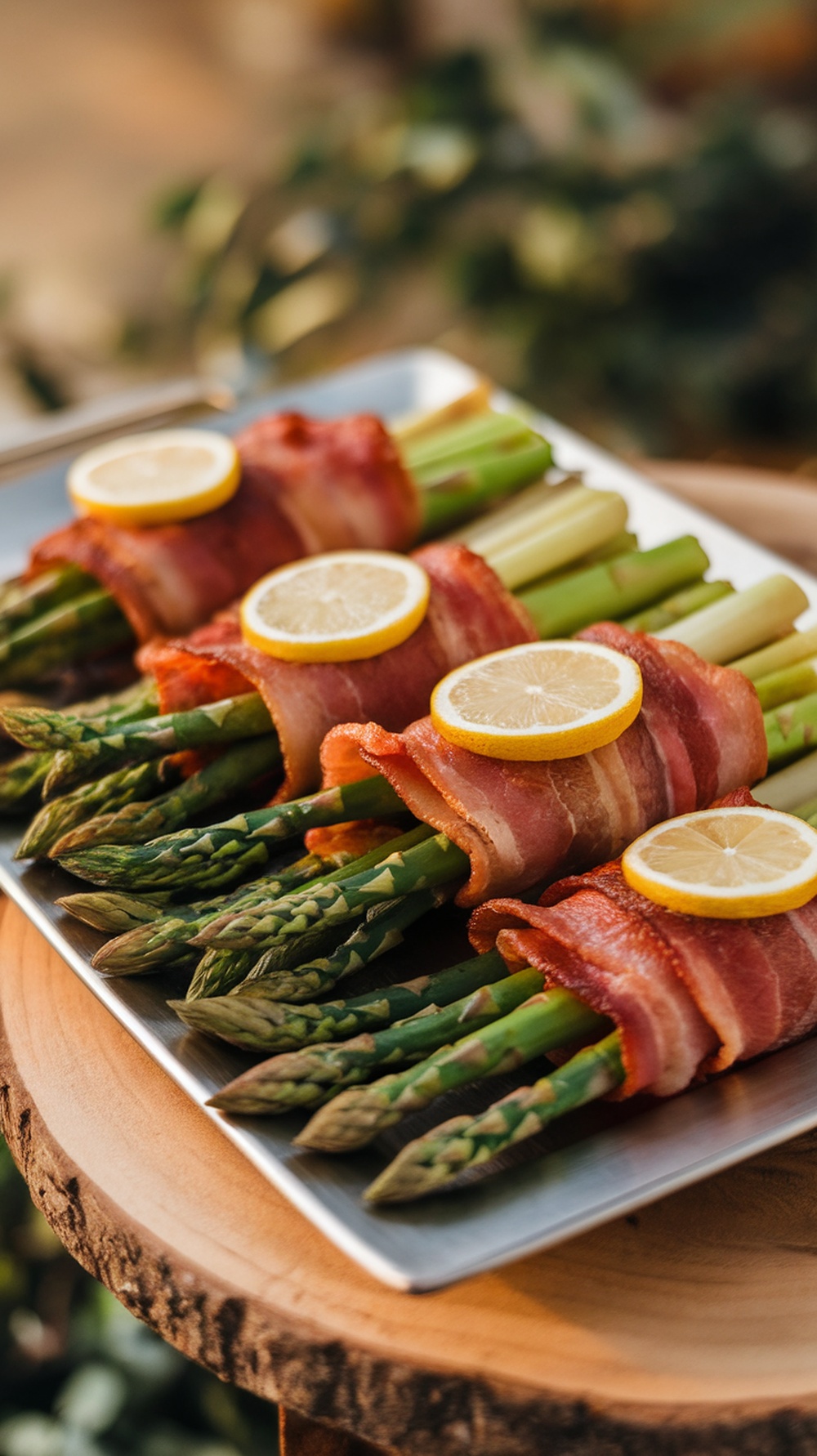 Plate of crispy bacon-wrapped asparagus topped with lemon slices, arranged neatly