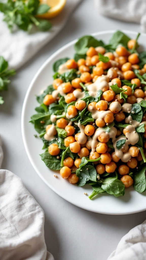 A plate of crispy chickpeas on fresh spinach drizzled with tahini dressing.