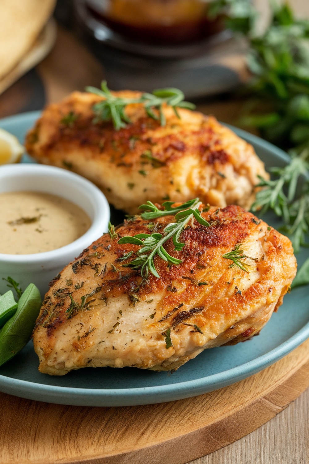 Crispy herb-infused air fryer chicken breasts garnished with herbs and served with a dipping sauce.