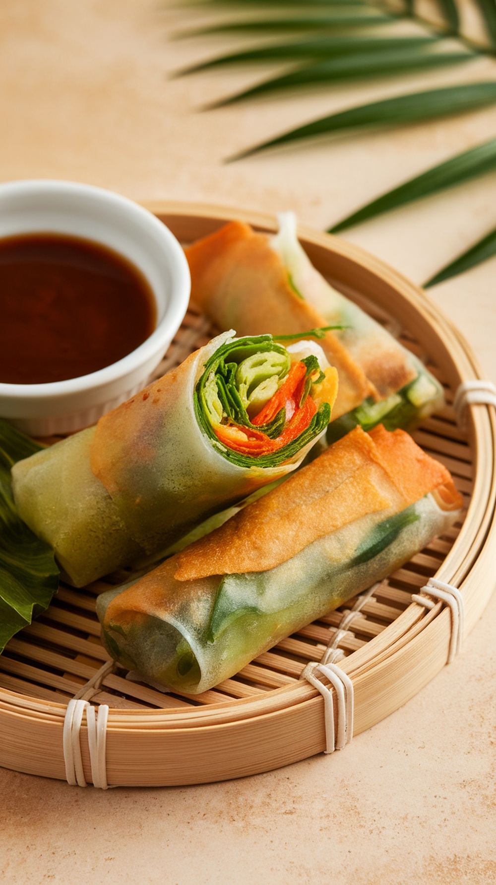 Crispy vegetable spring rolls served with dipping sauce