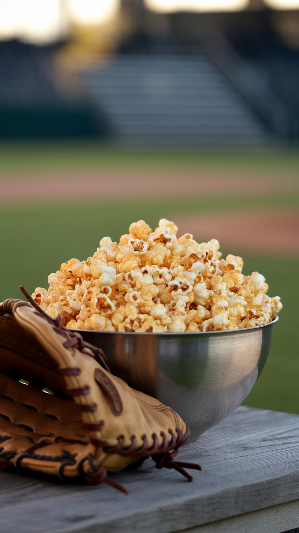 Bowl of Crunchy Garlic Parmesan Popcorn with baseball glove and field background