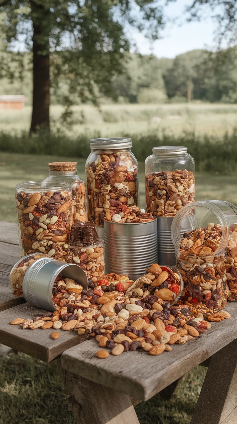 A collection of jars and containers filled with colorful trail mix, including nuts, dried fruits, and chocolate, arranged on a wooden table outdoors.