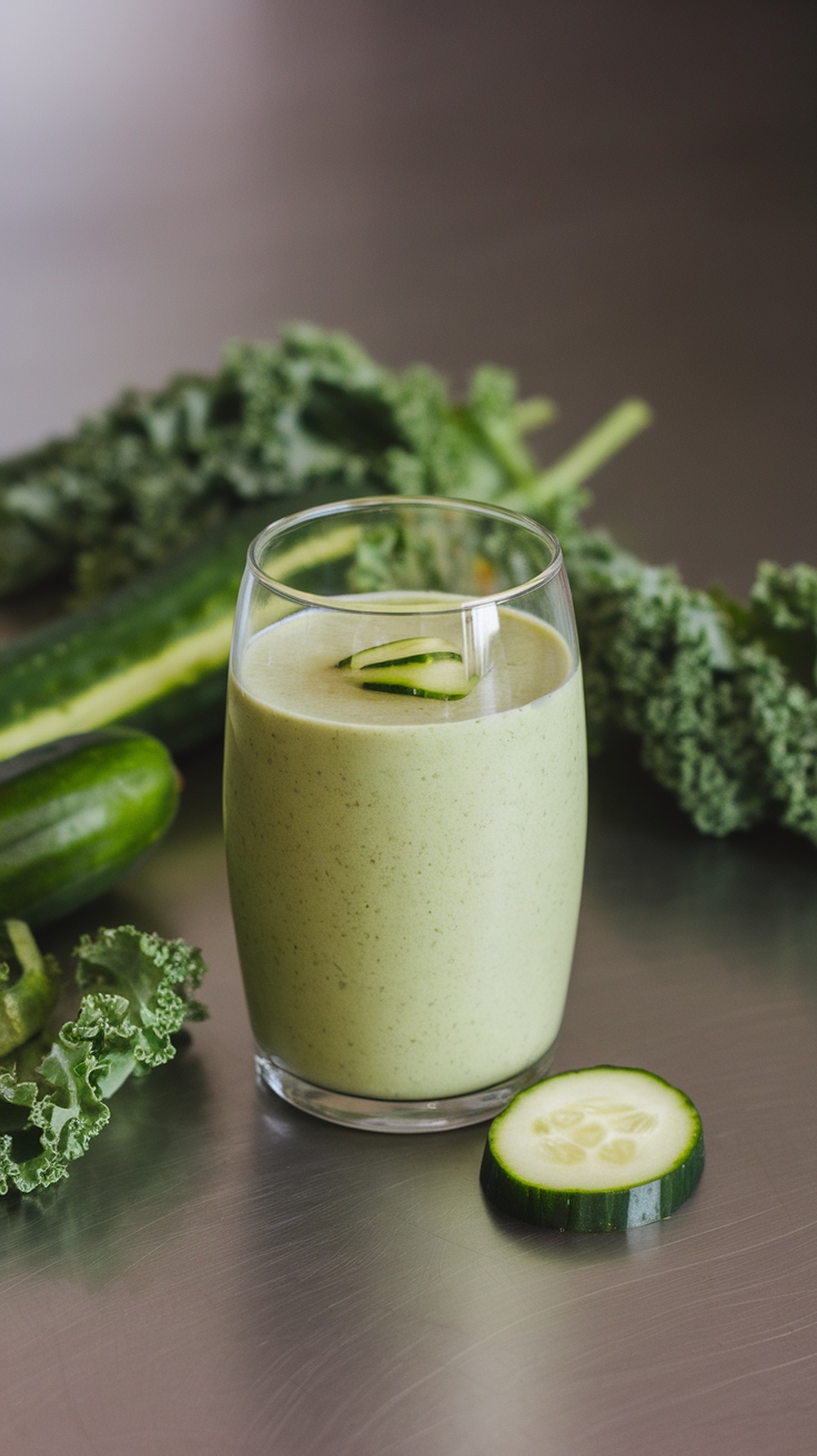 A refreshing cucumber and kale smoothie in a glass, surrounded by fresh cucumbers and kale leaves.
