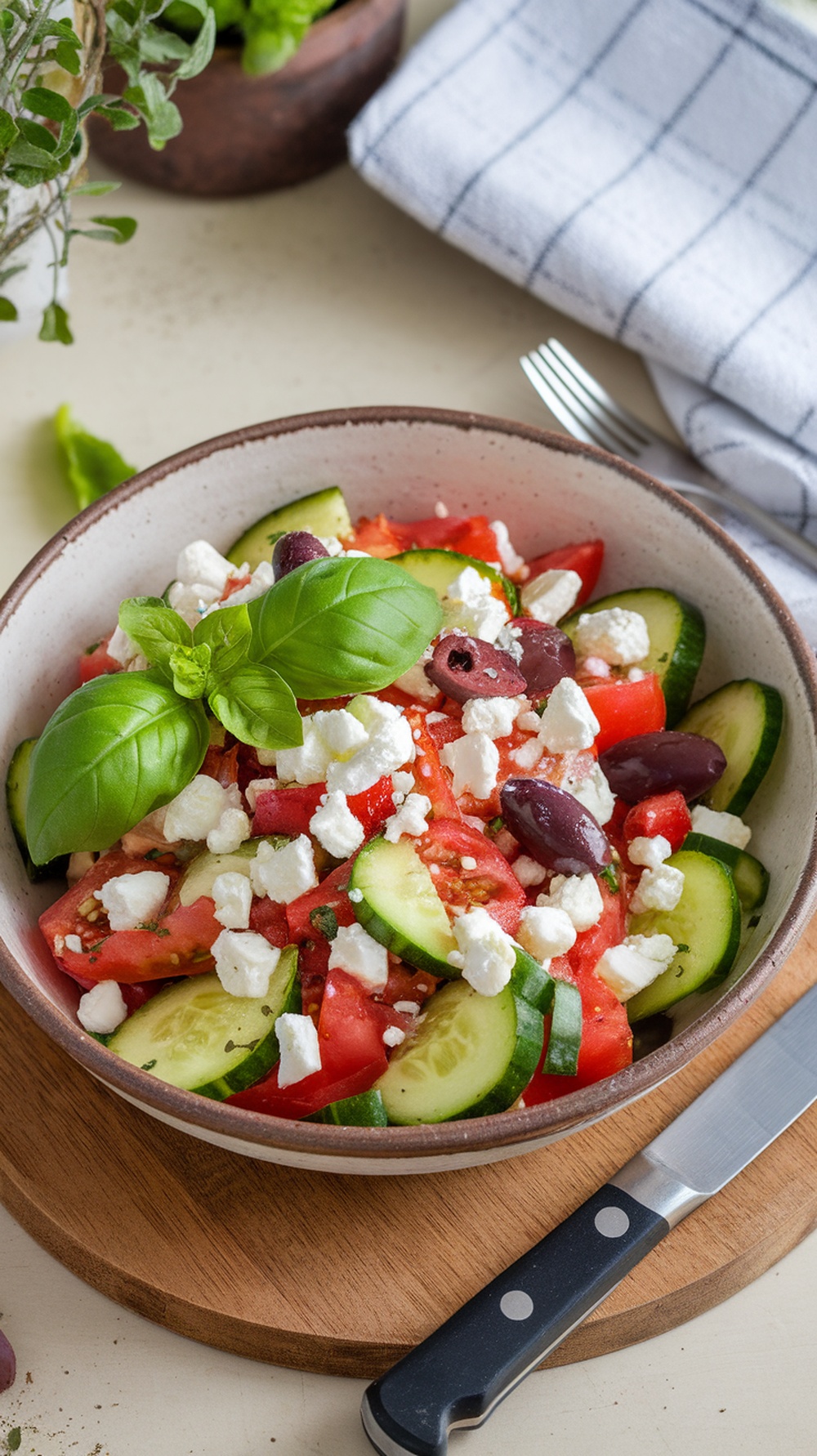 A bowl of Cucumber and Tomato Salad with Feta, featuring sliced cucumbers, tomatoes, black olives, and fresh basil on top.