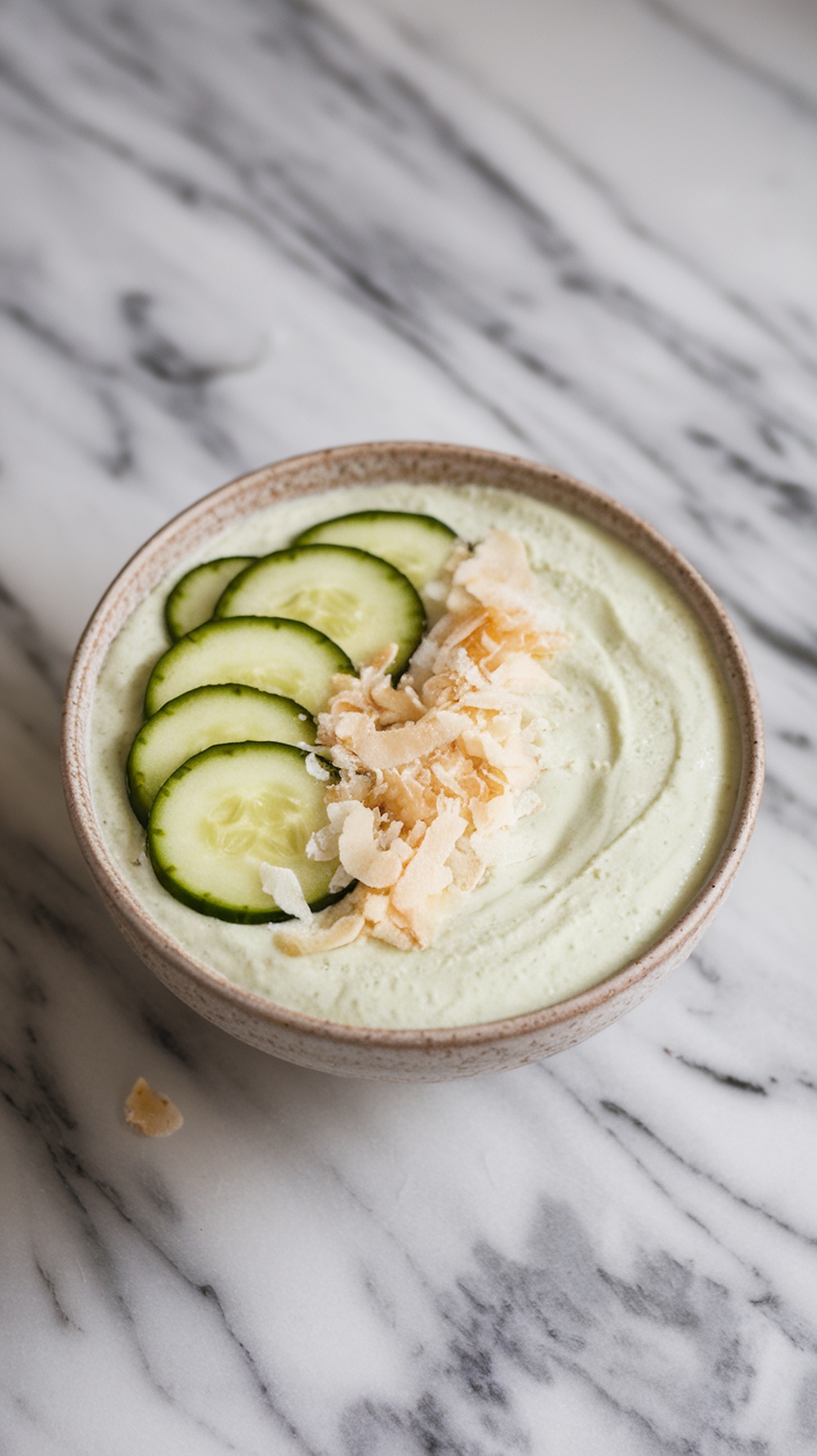 A bowl of cucumber coconut yogurt smoothie topped with cucumber slices and coconut flakes on a marble surface.