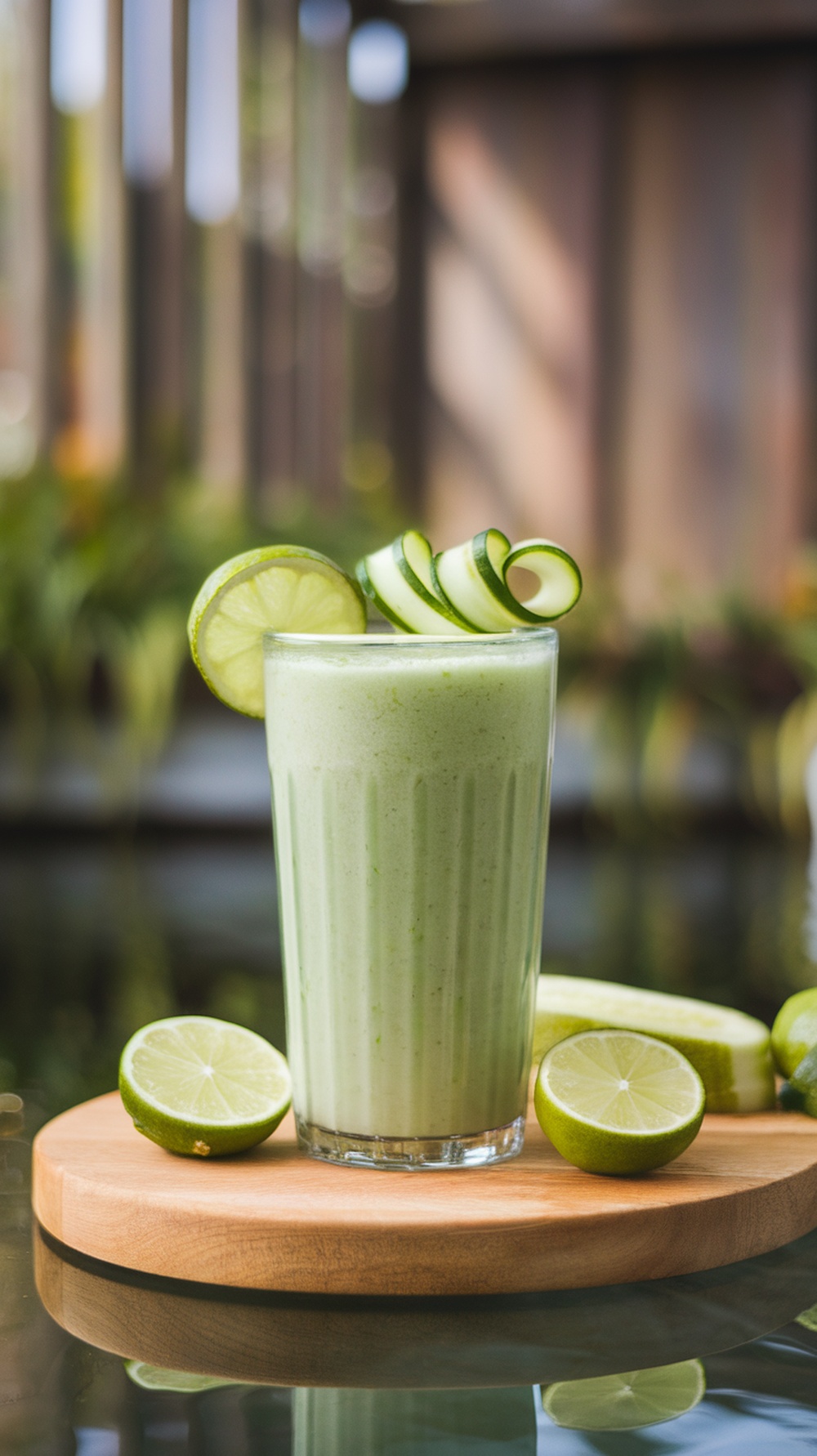 A refreshing cucumber lime smoothie in a glass with cucumber slices and lime wedges on a wooden platter