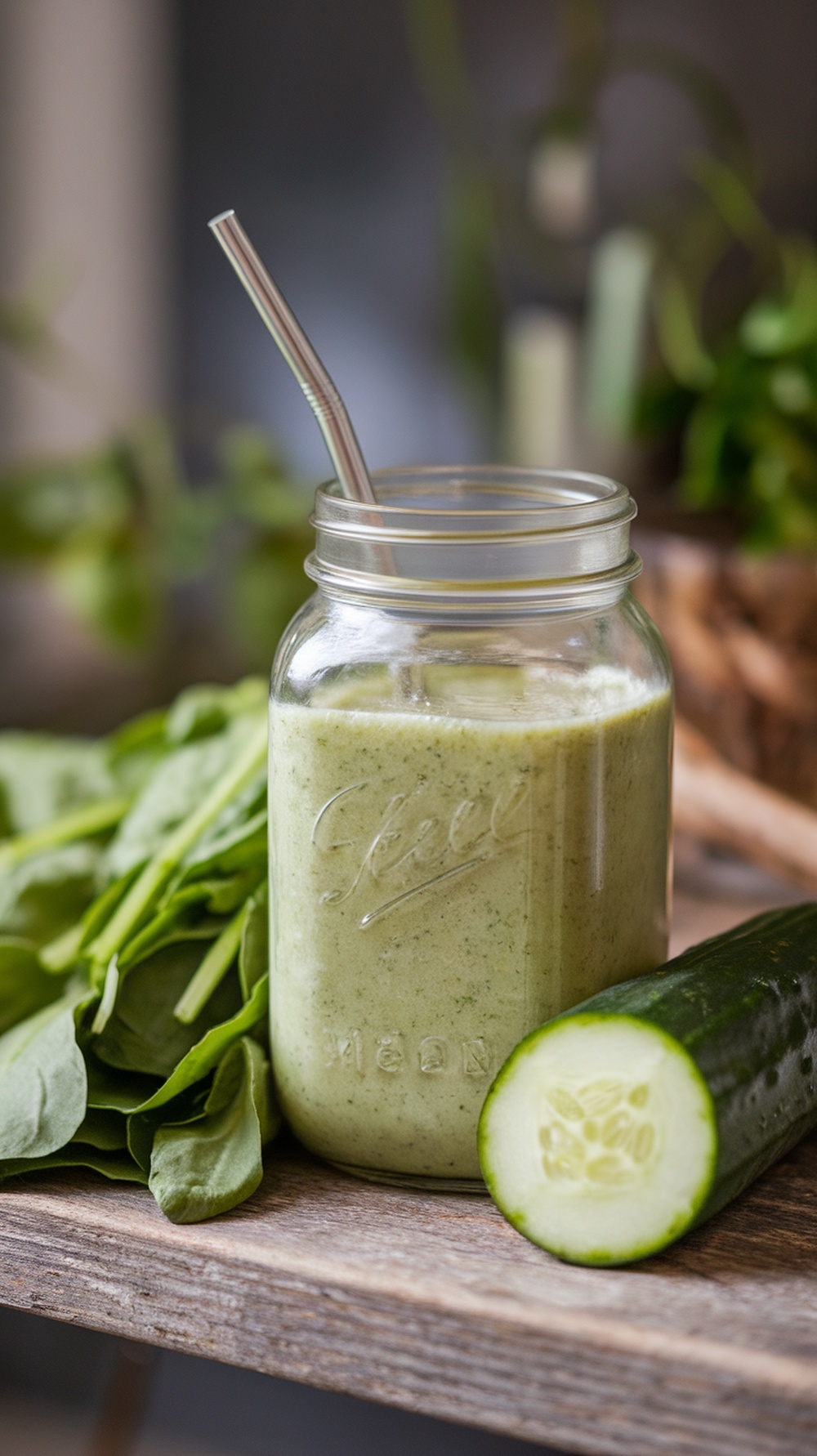 A refreshing cucumber spinach power smoothie in a mason jar with a straw, surrounded by fresh spinach leaves and cucumber slices.