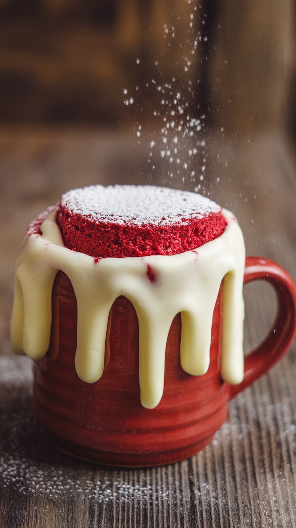 A red velvet mug cake with white chocolate drizzle and powdered sugar on top.