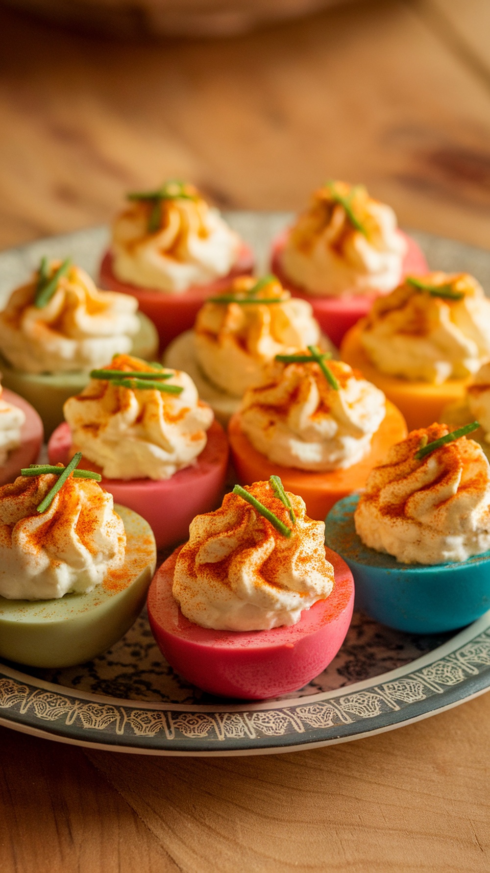 Colorful deviled eggs topped with creamy filling and herbs on a decorative platter