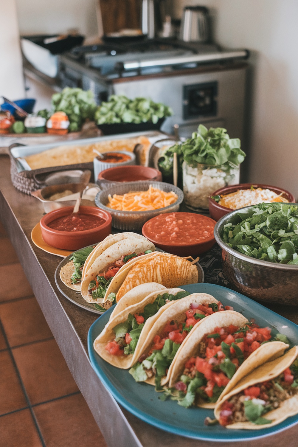 A table set up for DIY Taco Night with taco shells, toppings, and sauces.
