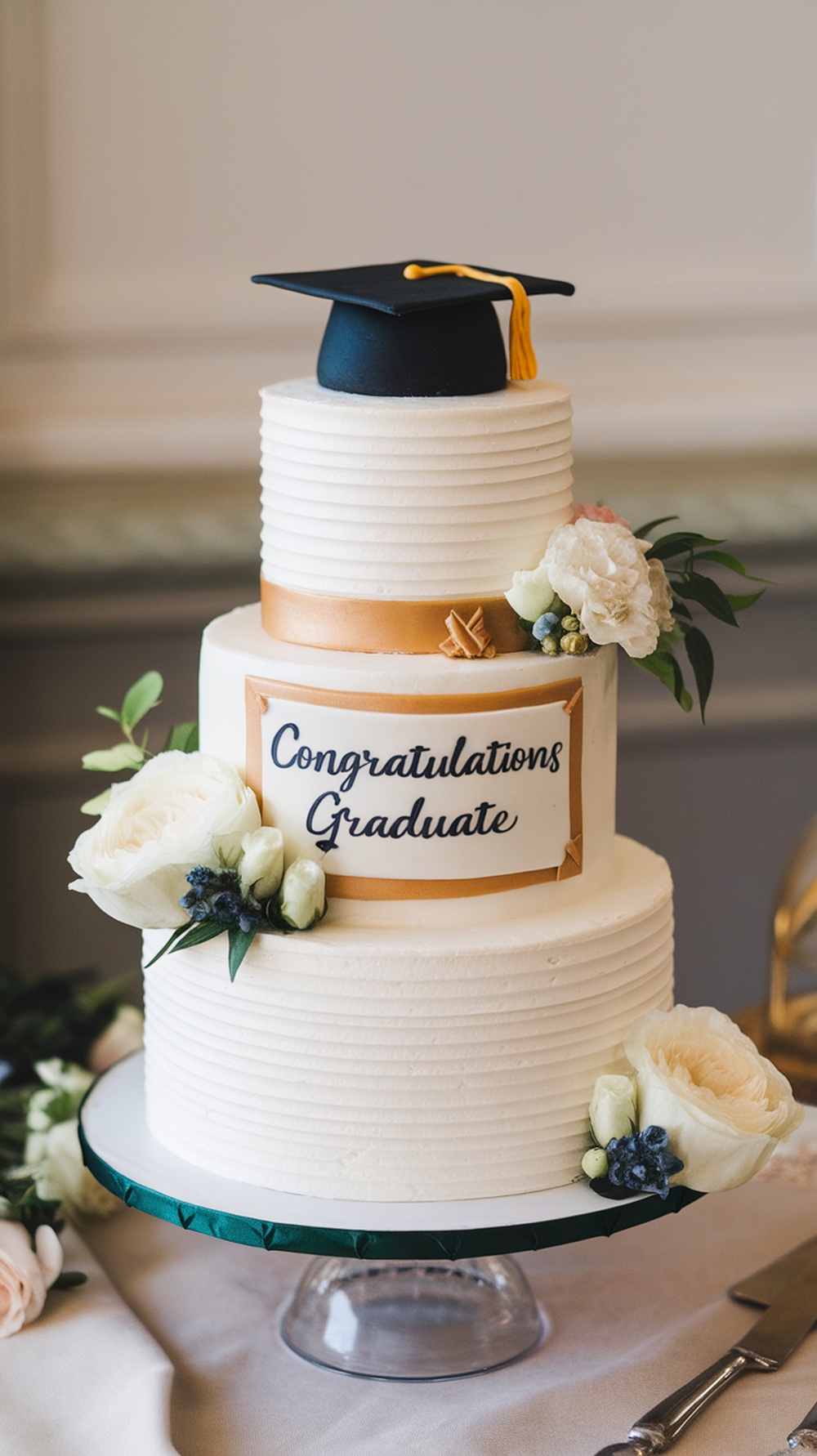 An elegant graduation cake with flowers and a graduation cap