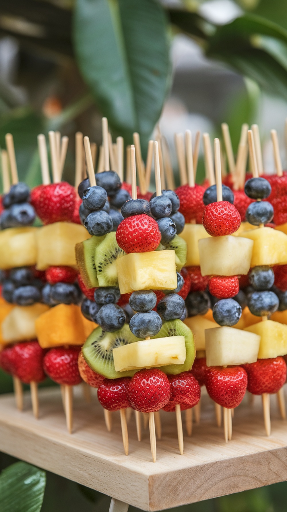 Colorful fresh fruit skewers with strawberries, blueberries, kiwi, and pineapple.