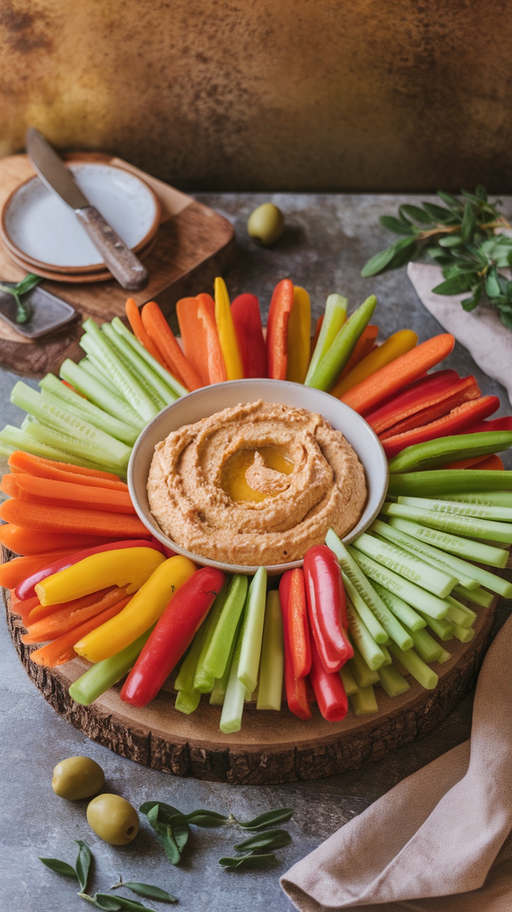 A platter of fresh veggie sticks including celery and bell peppers arranged around a bowl of hummus dip.