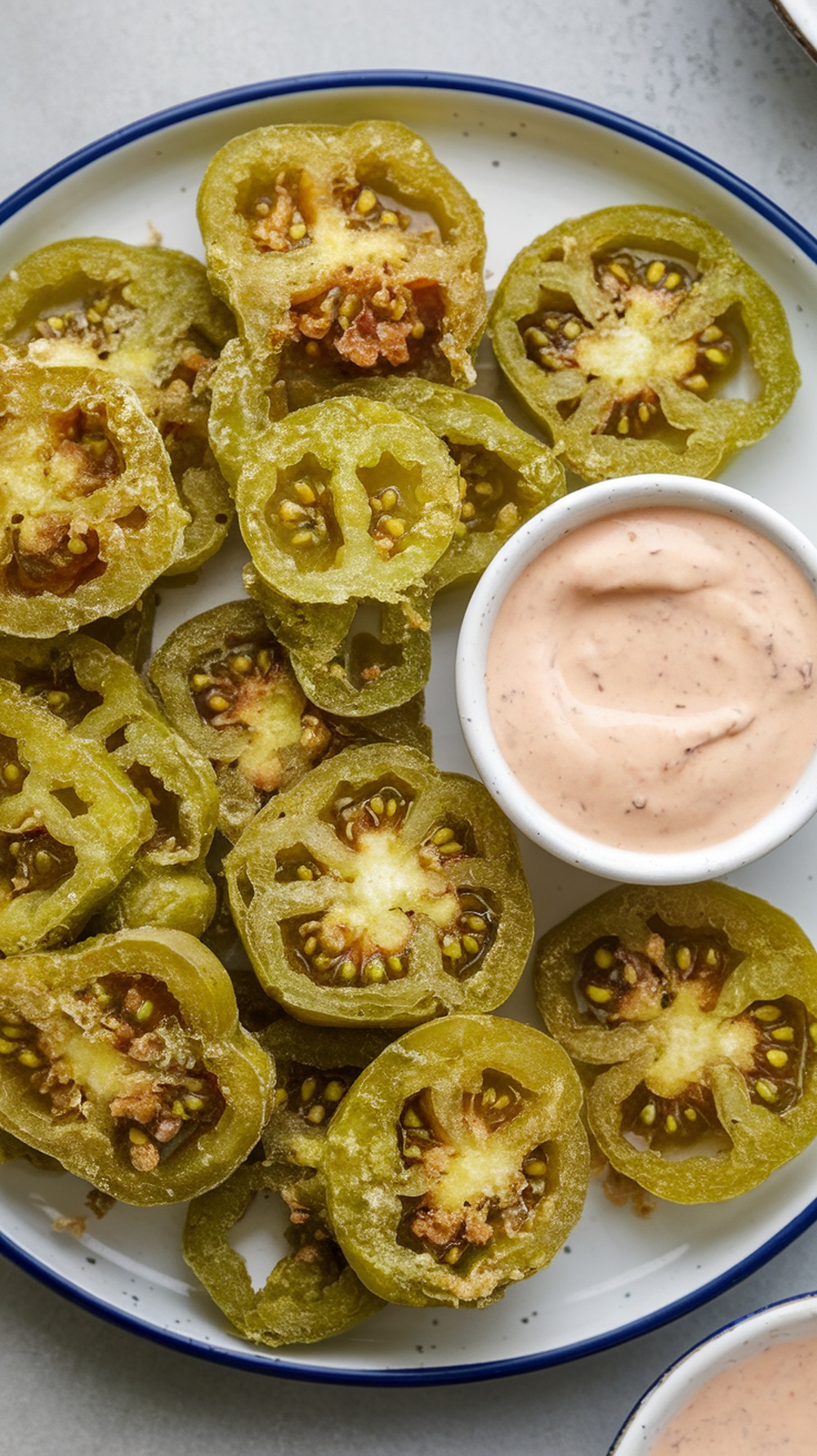 Plate of fried green tomatoes served with a remoulade sauce