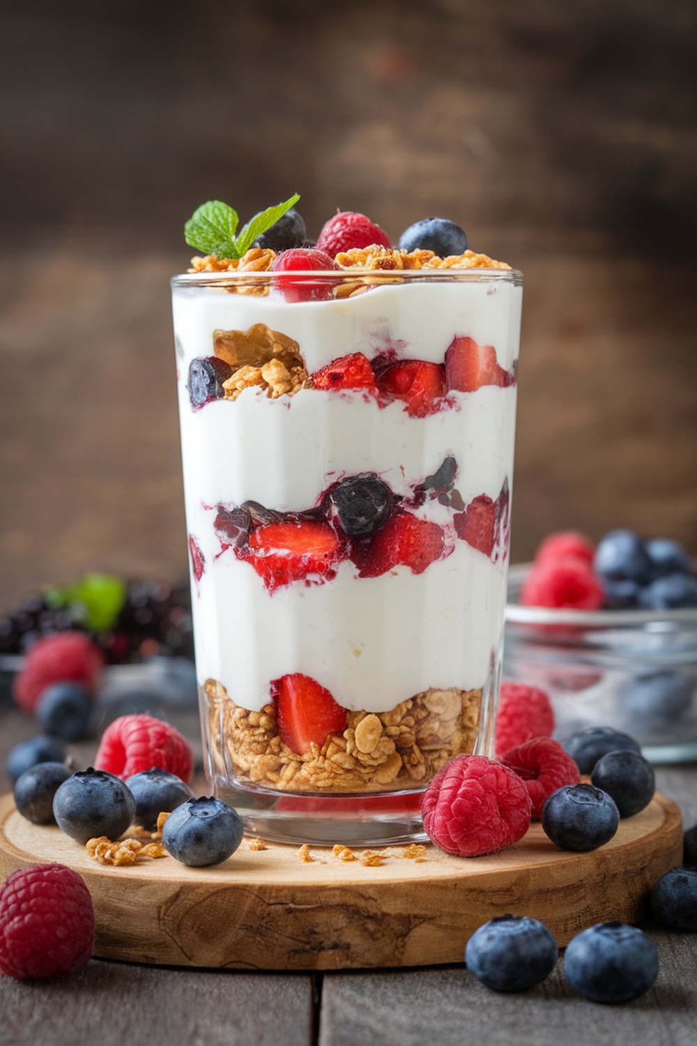 A delicious fruit and yogurt parfait in a glass, layered with granola, yogurt, and berries.