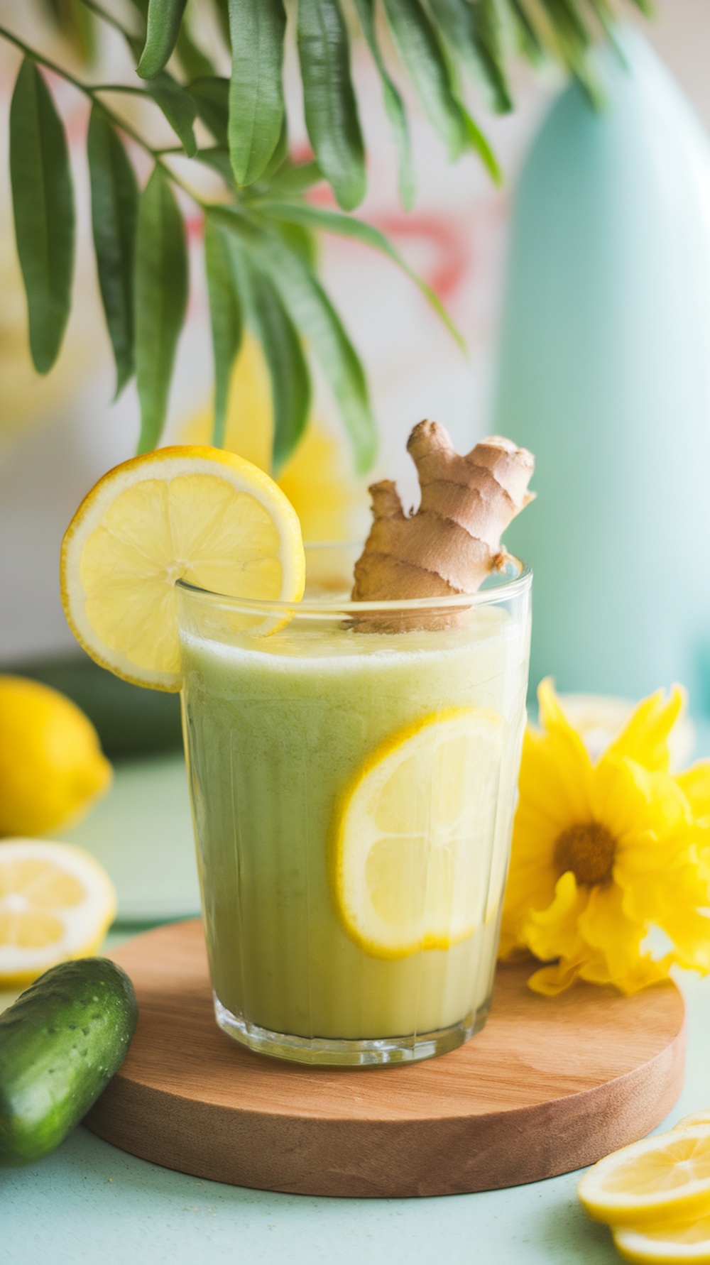 A refreshing ginger cucumber lemonade smoothie in a glass, garnished with lemon and ginger.